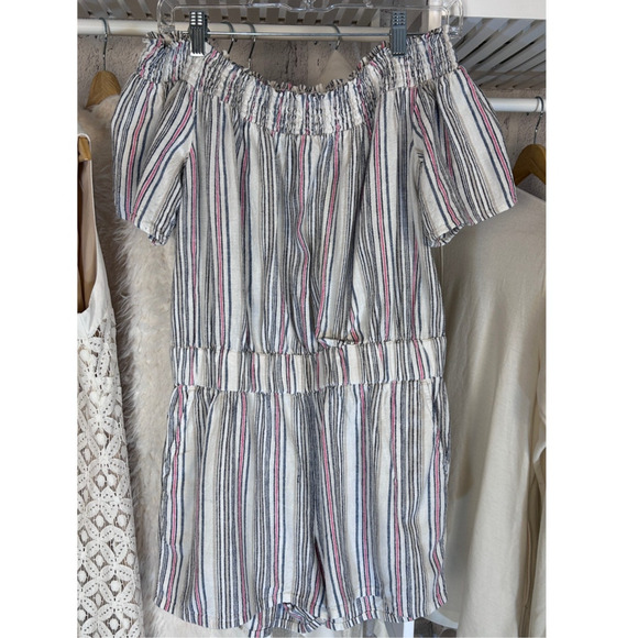 LOFT Pants - Loft Women's Size M White Linen Striped Off the Shoulder Shorts Romper #0153